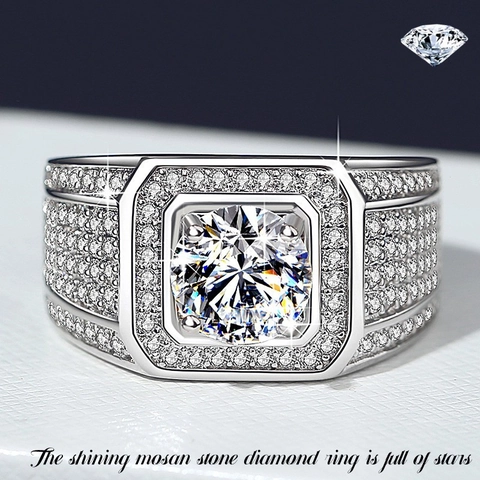 Herren Luxusring 925 Sterling Silber Moissanit Zirkon Quadratisch Pave Bling Business Schmuck