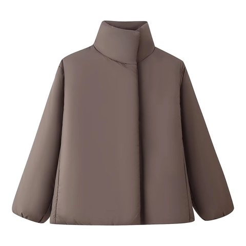 Chaqueta Acolchada Mujer Cuello Alto Botones Ocultos Abrigo Acolchado Cortavientos Cálido Casual Retro Color Sólido