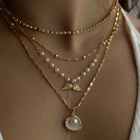 Shell Artificial Pearl Pendant Necklace Copper Gold Plated Beach Style Vintage French Jewelry For Women