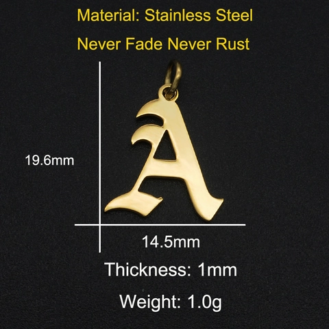 Gothic Letter Pendant Gold Plated Stainless Steel Old English Initial A-Z Necklace Charms For DIY Jewelry Making Women Men