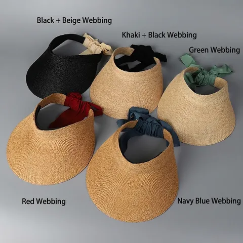 Elegant Fine Raffia Straw Sun Visor Hat Wide Brim Foldable Breathable Summer Beach Vacation Ribbon Bow For Women