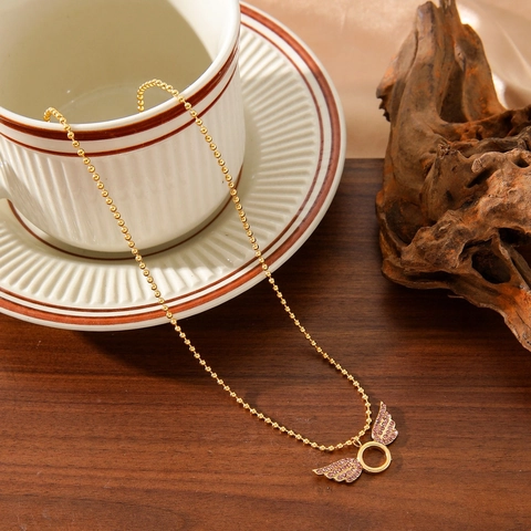 Collier Pendentif Aile d'Ange en Acier Inoxydable 316L pour Femme Chaîne à Billes Plaquée Or 18K Bijoux avec Zircone Incrustée