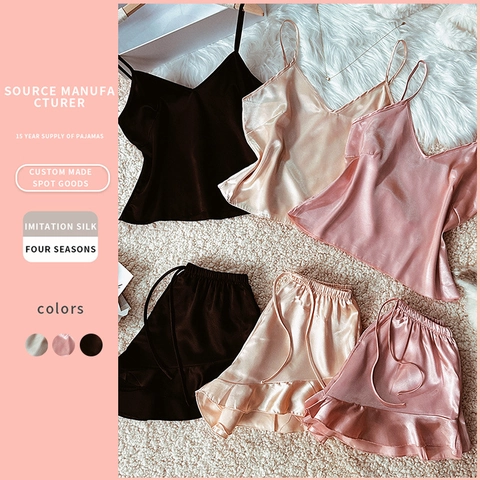 Women Satin Satin Pajama Set V Neck Cami Top And Ruffle Shorts Sleepwear Loungewear Soft Solid Color Elegant Lingerie