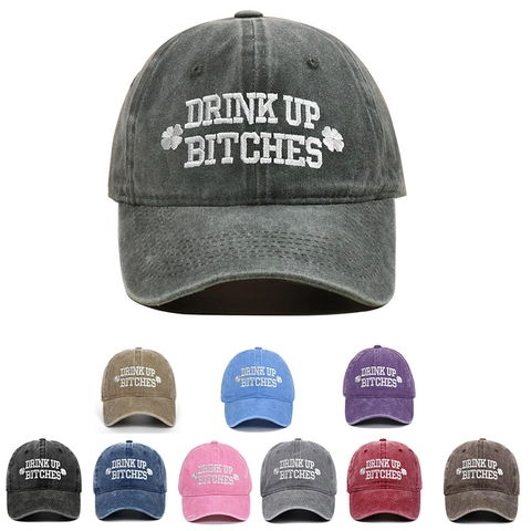 St Patrick's Day Washed Distressed Cotton Baseball Cap For Women Embroidery Letters Retro Soft Top Hat Drink Up Bitches Shamrock Hat