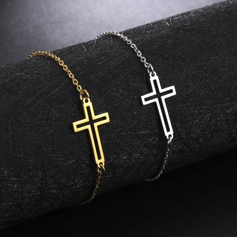 Minimalist 304 Stainless Steel Hollow Cross Pendant Link Chain Bracelet For Women Men Adjustable Fashion Jewelry Gift
