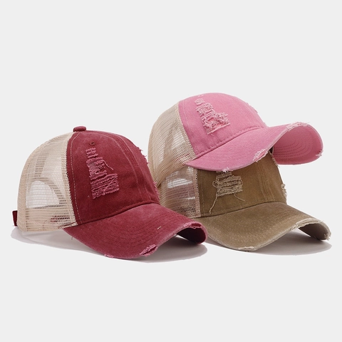Distressed Baseball Cap Washed Cotton Breathable Mesh Trucker Hat Vintage Retro Ripped Sun Protection Outdoor Adjustable Casual