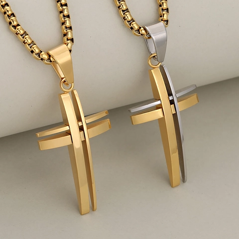 Roestvrijstalen Kruis Hanger Ketting Voor Heren Dames Hol 3D Gelaagd Geometrisch Minimalistisch Religieuze Mode Sieraden