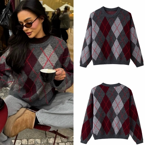 Maglione In Maglia Con Motivo Argyle Misto Acrilico Poliestere Girocollo Maniche Lunghe Vestibilità Ampia Retrò Vintage Casual Donna