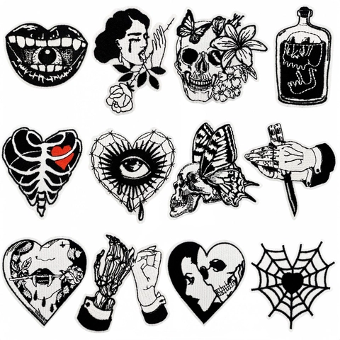 Punk Gothic Horror Black White Embroidery Patches Iron On Sew On Embroidered Appliques For Clothing DIY Accessories