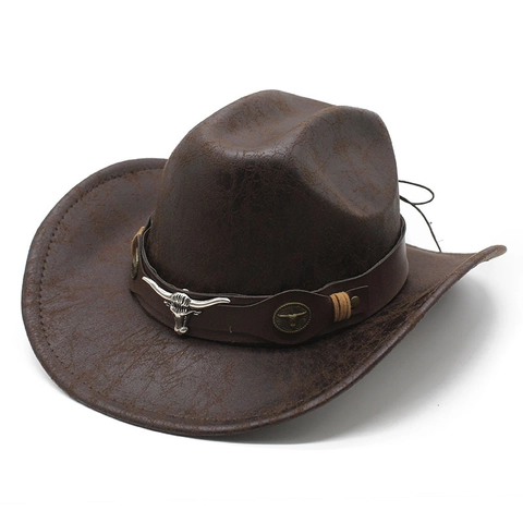 Westerse Cowboy Hoed Vintage Faux Suède Gebarsten Leer Brede Rand Zonnehoed Bull Head Gesp Riem Decor Voor Heren Dames