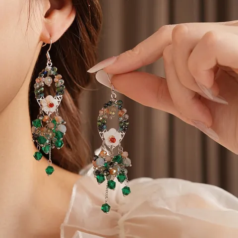 Pendientes Colgantes Bohemios Con Flor De Concha Cuentas De Vidrio Verdes Borla Larga Estilo Étnico Vintage Para Mujeres Pasador De Plata