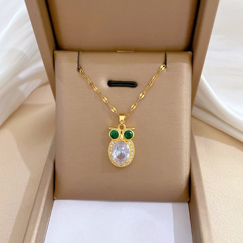 Uil Hanger Ketting Met Titanium Stalen Ketting Koper Groen Cubic Zirconia Voor Vrouwen Elegant Luxe Banket Bruiloft Sieraden