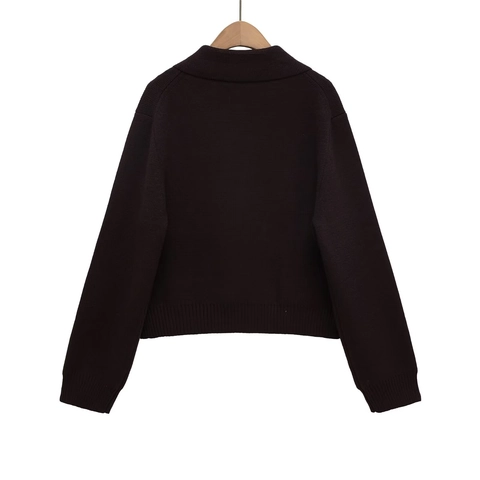 Dames Elegante Britse Stijl Double-breasted Gebreide Jas Revers Lange Mouw Effen Kleur Warm Cardigan Met Zakken