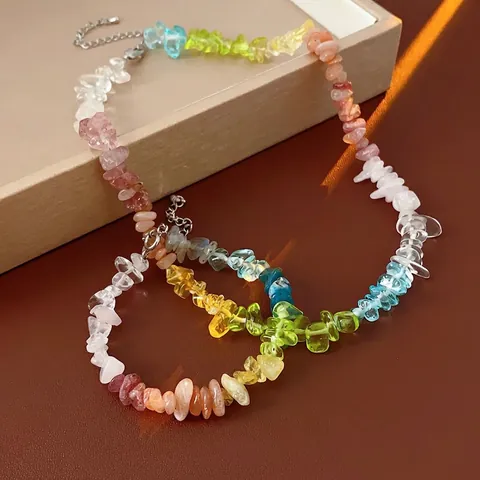 Regenboog Natuursteen Halsketting En Armband Titaniumstaal Onregelmatige Grindkralen Bohemian Strandvakantie Voor Dames