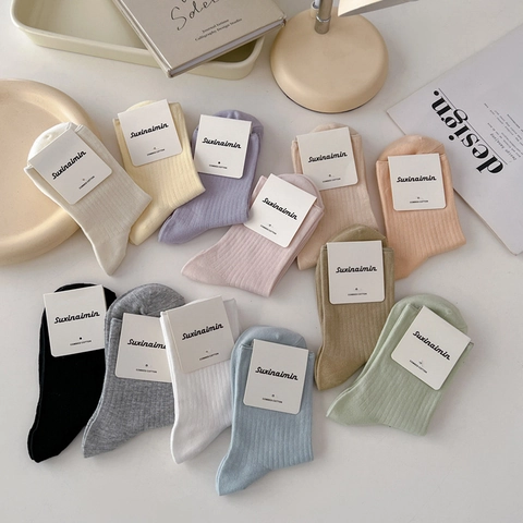 Women Ribbed Crew Socks Combed Cotton Breathable Solid Color Japanese Style Soft Slouchy Mid Calf