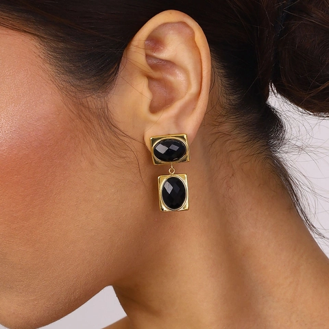Vintage Stainless Steel Geometric Drop Earrings For Women Retro Black Resin Inlaid Gold Plated Hypoallergenic Jewelry Gift