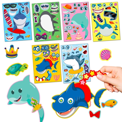 DIY Shark Face Changing Stickers For Kids Ocean Creatures Cartoon Puzzle Stickers For Birthday Party Favors Creative Hand Craft