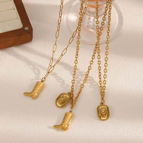 Cowboy Boot Hat Pendant Necklace 18K Gold Plated Stainless Steel Western Vintage Style Jewelry For Women