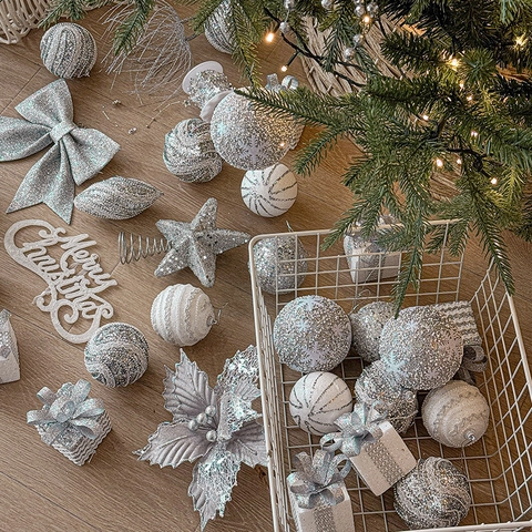 Christmas Tree Ornaments Silver White Glitter Foam Plastic Balls Star Tree Topper Bows Merry Christmas Sign Decorations
