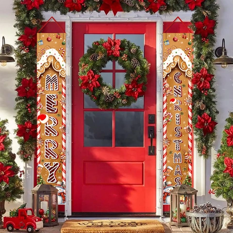 Striscione Per Portico Buon Natale Poliestere Pupazzo Di Neve Casetta Di Pan Di Zenzero Decorazione Porta Esterna