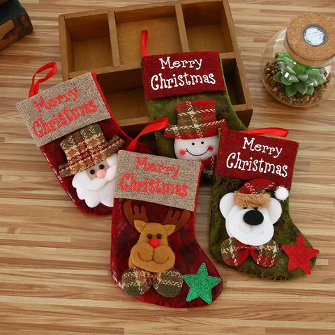 Weihnachtsstrumpf Anhänger Kunstleder Leinen Filz 3D Cartoon Weihnachtsmann Schneemann Rentier Bär Feiertagsdeko
