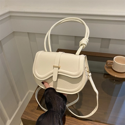 Women Saddle Shoulder Bag PU Leather Crossbody Handbag Knot Handle Magnetic Clasp Solid Color Fashionable Trendy
