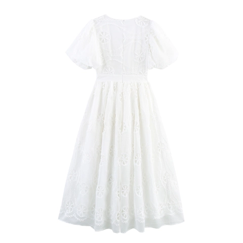 Abito Maxi Bianco Stile Pastorale Francese Scollo A V Maniche A Sbuffo Poliestere Ricamato Traforato Per Donna Elegante