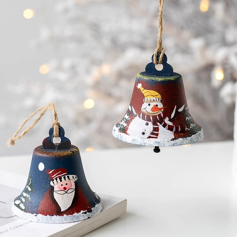Christmas Bell Ornaments Metal Hand Painted Snowman Santa Claus Jute Rope Hanging Vintage Tree Decorations