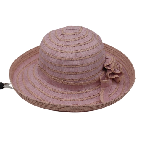 Women Wide Brim Sun Hat Polyester Striped Flower Decor Foldable UV Protection Beach Vacation Elegant Adjustable Rope