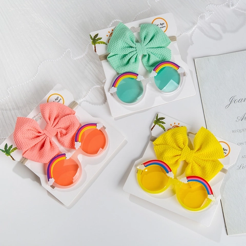 Kids Sunglasses And Headband Rainbow Cloud Decor Round Frame Plastic Waffle Texture Bow Fashion Accessory For Infants Toddlers