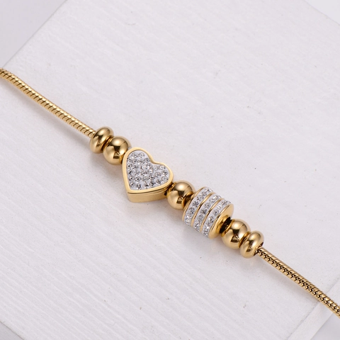 Bracciale Cuore Acciaio Inossidabile 304L Oro 18K Perline Zircone Catena Serpente Gioielli Minimalisti Per Donna