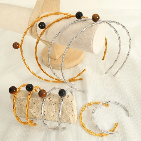 Conjunto de Joyas de Acero Inoxidable Minimalista Bambú Gargantilla Pulsera Oro Plata Galvanizado Ojo de Tigre Ónix Negro para Mujer