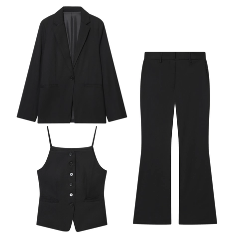 Traje Elegante De Tres Piezas Para Mujer Oficina Negocios Informal Blazer Manga Larga Chaleco Y Pantalones Campana