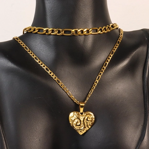 Zwelagige Herzanhänger Halskette Edelstahl 18K Vergoldet Vintage Hammerschlag Geprägte Figaro Kette Für Damen
