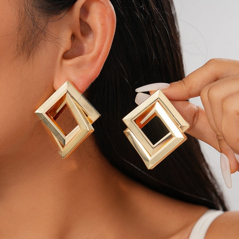 Geometric Rhombic Interlocking Square Stud Earrings With 925 Sterling Silver Earring Post Minimalist Metal Jewelry For Women