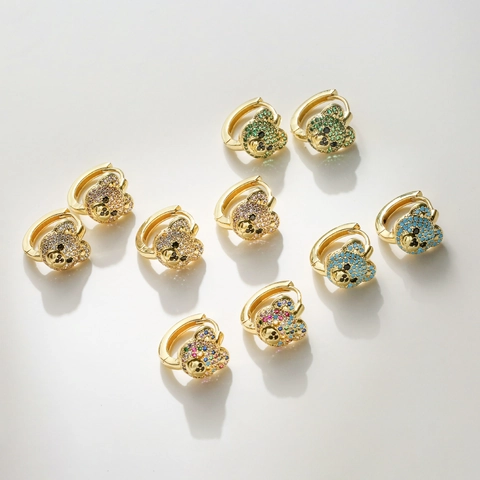 Boucles D'oreilles Huggie Hoop Teddy Bear Cuivre Plaqué Or Micro Pavé Zircon Coloré Bijoux D'oreille Animal Pour Femmes Filles