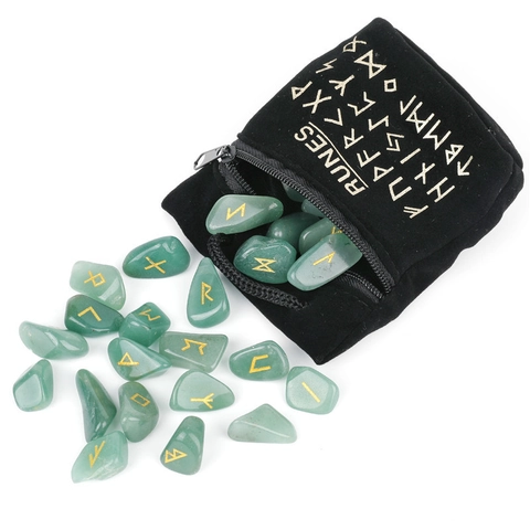 Juego De Piedras Rúnicas De Cristal Natural Símbolos Dorados Grabados Meditación Gemas Con Bolsa De Terciopelo Decoración
