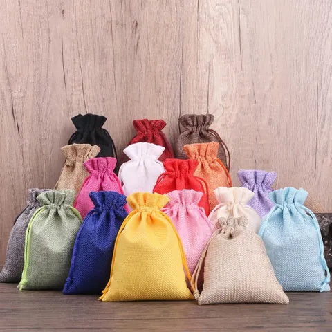 Burlap Drawstring Bags Linen Pouch Solid Color Jewelry Packaging Gift Wrapping Wedding Favors Storage Reusable