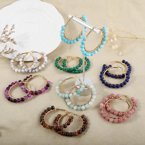 Bohemian Hoop Earrings Stainless Steel Wire Wrapped Natural Stone Amethyst Agate Round Circle Handcrafted Jewelry Women