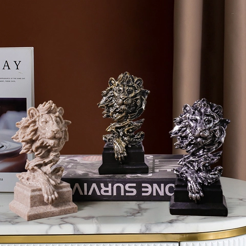 Retro Resin Mini Lion Horse Head Sculpture Desktop Ornaments Creative Animal Bust Statue For Office Home Wine Cabinet Decor