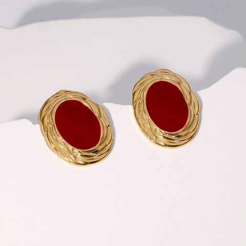 Vintage Oval Stud Earrings 18K Gold Plated Stainless Steel Enamel Twisted French Style Elegant Jewelry For Women