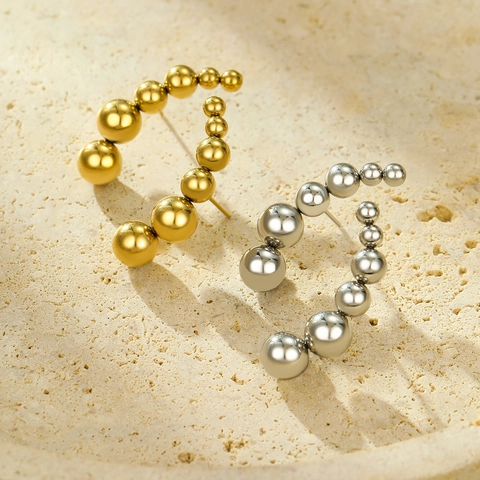 Vintage Stainless Steel Graduated Bead Hoop Earrings For Women 18K Gold Plated Curved Ball Stud Earrings Fashion Niche Jewelry