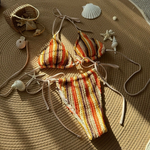 Ensemble Bikini Rayé Pour Femmes Texture Crochet Dos Nu Maillot De Bain À Nouer Sur Les Côtés Plage Vacances