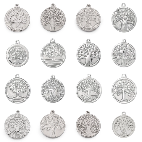Colgantes Redondos Árbol De La Vida De Acero Inoxidable Galvanizados Charms Con Patrón Floral Para La Fabricación De Joyas Accesorios DIY