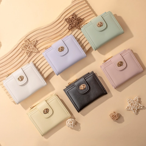 Women Short Bifold Wallet PU Leather Minimalist Fashion Coin Purse With Twist Lock And Zipper Multi Slot For Daily Use