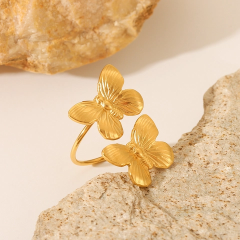 Double Butterfly Open Ring Stainless Steel Gold Plated Adjustable Brushed Textured Matte Minimalist Jewelry For Women