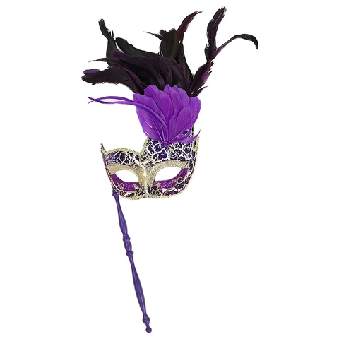 Masquerade Mask Feather Lace Glitter Handheld Stick Half Face Halloween Carnival Cosplay Party Venetian Elegant Women