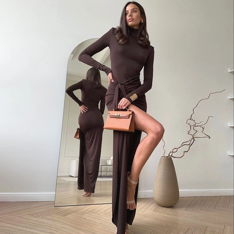 High Neck Long Sleeve Maxi Dress For Women Sexy Slim Fit High Slit Ruched Waist Solid Color Elastic Evening Party Elegant