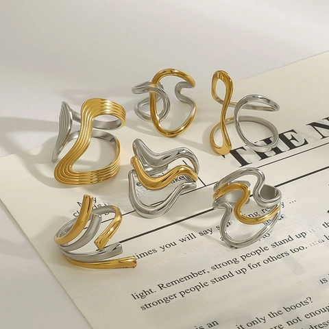 Irregular Wave Rings Stainless Steel Dual Tone Gold Silver Waterproof Hypoallergenic Modern Geometric Minimalist Women