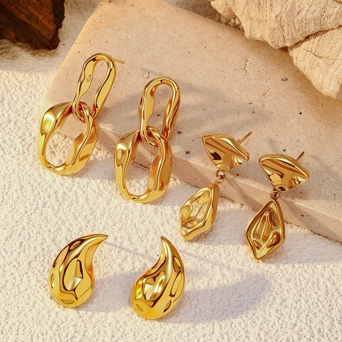 Geometric Gold Plated Stainless Steel Earrings Modern Liquid Metal Lava Texture Water Drop Link Chain Jewelry For Women